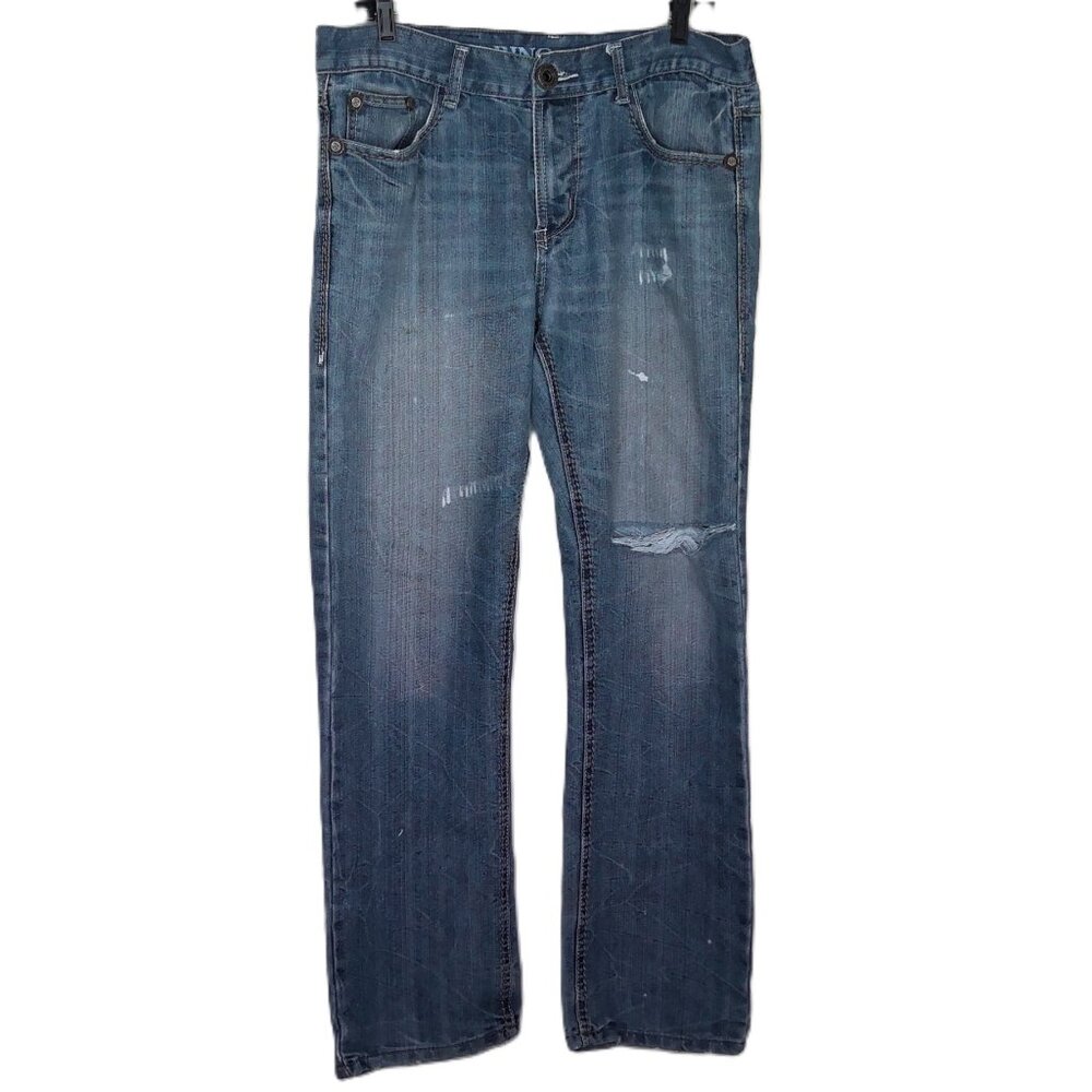 Ring of Fire Men's Blue Jeans Factory Distressed Slim Straight EUC Sz 33X 30